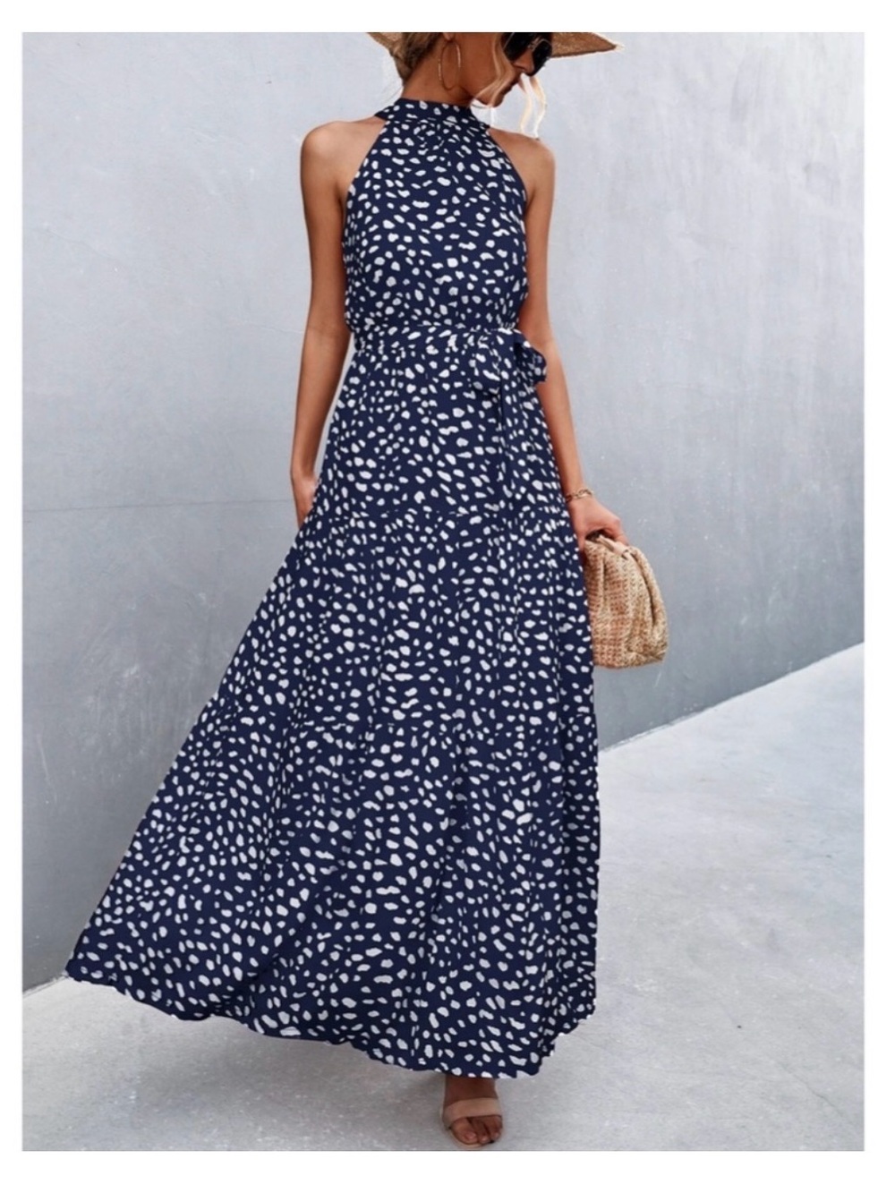 Navy Halter Maxi Dress with White Dot Print